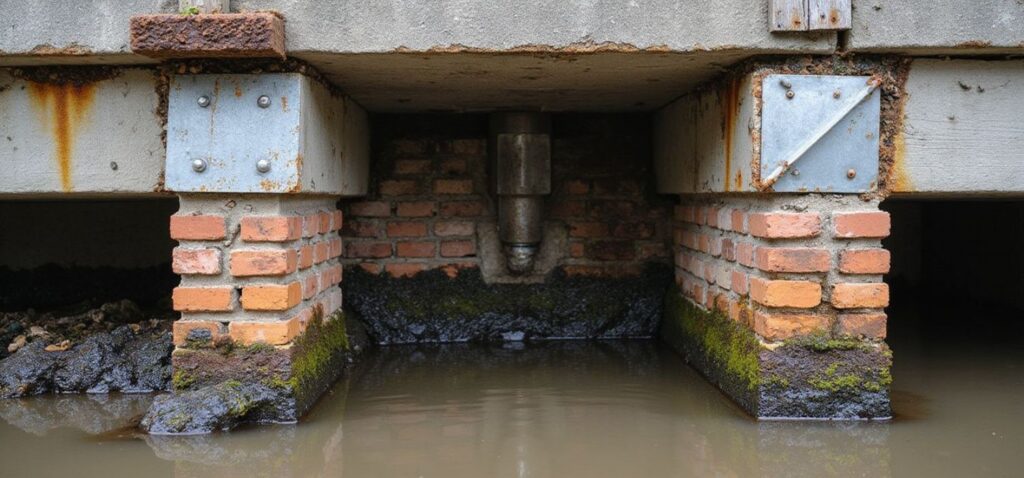 Crawl space with standing water and visible rust on metal supports, showing moisture intrusion and coastal corrosion damage.