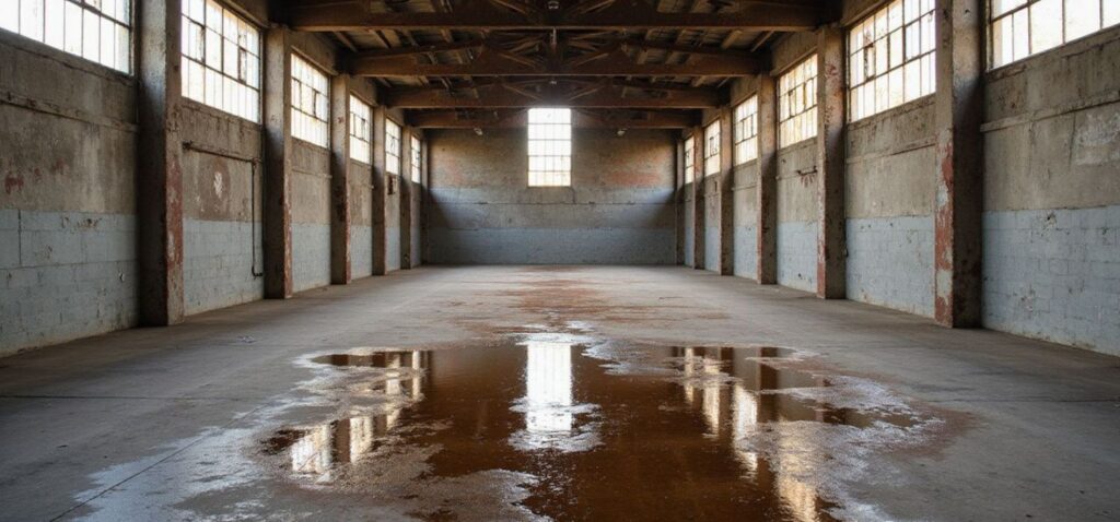 Empty commercial warehouse with visible water pooling on the concrete floor, indicating moisture intrusion and drainage issues.