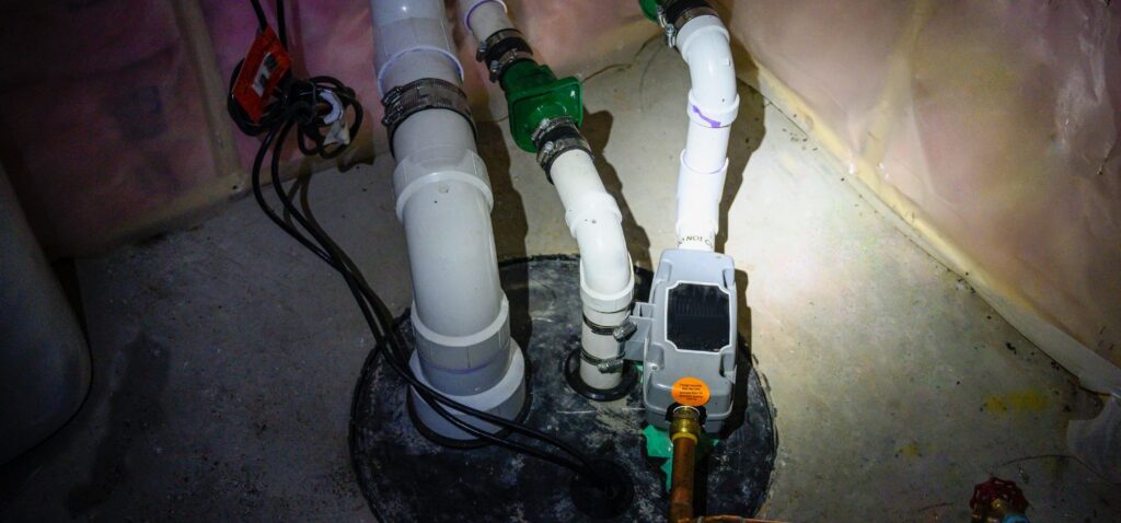 A crawl space sump pump system with connected PVC pipes and wiring sits in a sealed, plastic-lined crawl space.