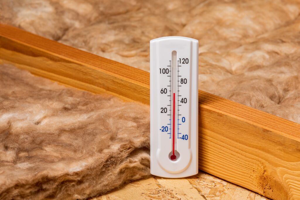 fiberglass installation in an attic with a thermometer